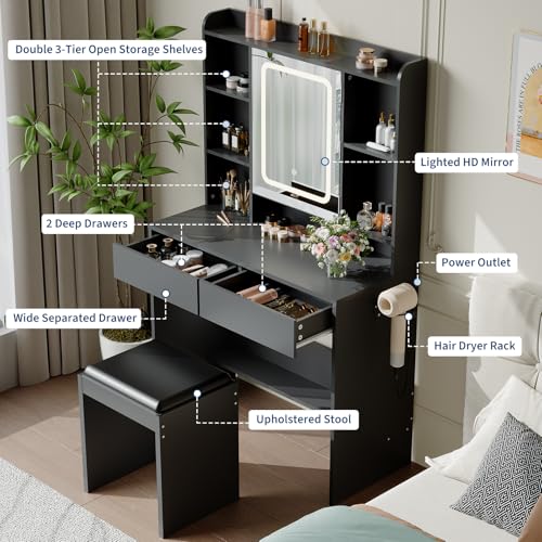 GarveeHome Vanity Desk with Mirror and Lights, for Bedroom,Adjustable 3 Color Lights Modes,Includes Padded Stool, Makeup Table Set with Hidden Storage Shelves, USB Outlets, Hairdryer Holder