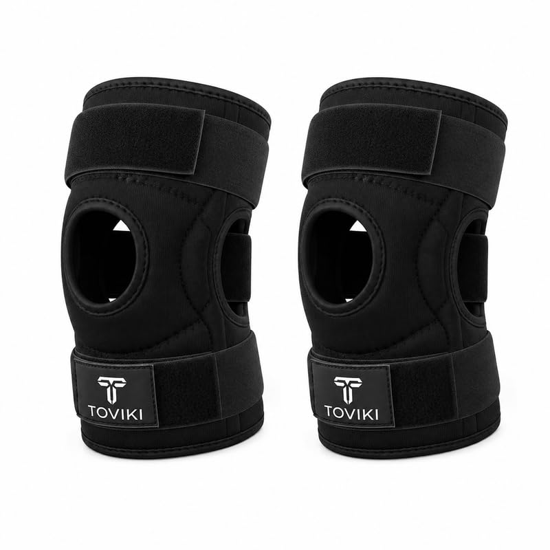 Image of 2 Pc Knee Brace for Men & Women | Adjustable Hinged Knee Cap for Knee Pain Relief | Open Patella Neoprene Knee Support for Gym, Sports & Arthritis | Knee Brace for Ligament Tear | Universal Size (Black)