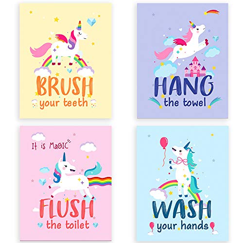 CHIEN-CHI LILI SUUURA-OO Funny Colorful Unicorn Bathroom Watercolor Art Print Set of 4 (8”X10”), Unicorn art Poster for Nursery, girls Kids Bathroom Home Wall Decor, No Frame