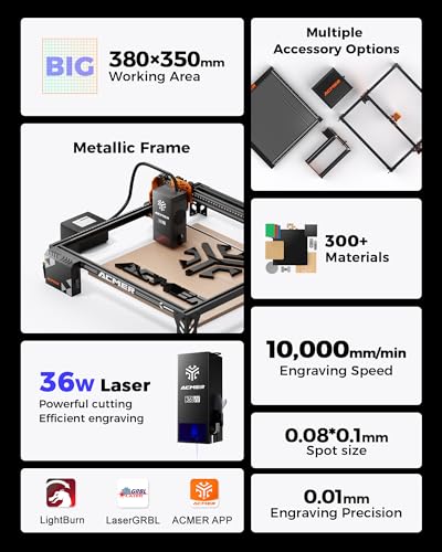 Image of ACMER P1 S Pro Laser Engraver and Cutter, 36000mW High Power Diode Machine | with 25L Air Assist, 380x350mm Work Area, Laser Cutter for Thick Wood, Acrylic, Metal, DIY Crafts and Small Business