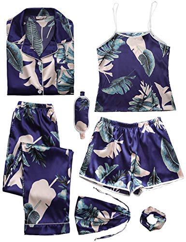 Women's Silk Satin Pajama Sets 7pcs Pjs with Cami Shorts Set Sleepwear Button Down Shirt Loungewear (Navy Leaves,M)