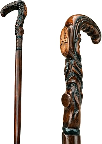 Miniatura 2 de Bastón de madera tallado a mano con cruz cristiana grabada a mano, bastón de madera tallada de primera calidad con mango ergonómico de agarre de