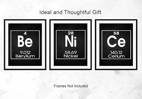 Miniatura 5 de Be Nice - Tabla periódica de elementos impresos, juego de tres carteles de ciencia divertidos sin marco de 8 x 10 pulgadas sin marco, arte de