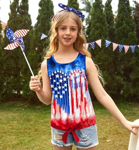 Image of July 4th Girls Patriotic Sleeveless Tie Knot Front Tank Top Stars Stripes Tee Shirt 4-14 Years