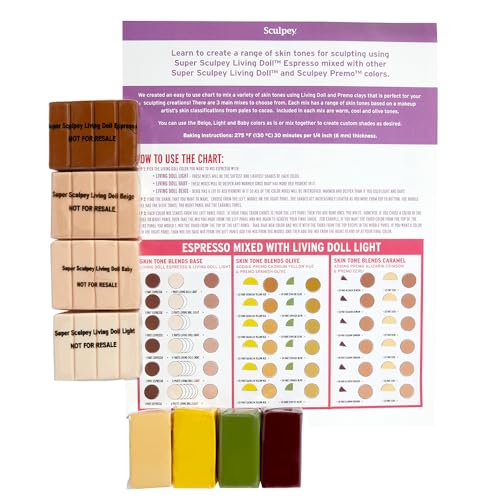 Super Sculpey Living Doll Skin Tone Mixing Kit, Polymer Oven-Bake Clay, Non Toxic, Great for DIY sculpting and doll making. Art classroom supplies, Premium polymer clay.