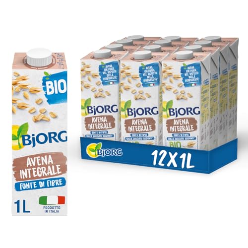 BJORG Bevanda di Avena Integrale, Bevanda Vegetale, Basso Contenuto di Grassi, Fonte di Fibre, Ottimale per Cappuccino, Senza Zuccheri Aggiunti, Gusto Pieno, Prodotto in Italia, 12x1L