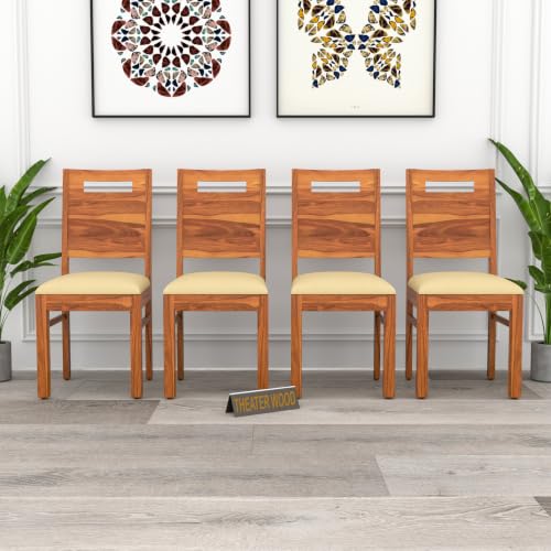 Image of Solid Sheesham Wood Dining Chair Set of 4 | Premium Wooden Dining Chairs with Cushioned Seat | Modern Horizontal Slatted Backrest | Heavy Duty Dining Table Chairs