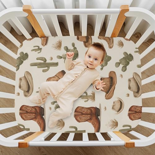 Image of Western Cowboy Brown Boots Crib Sheets Soft Breathable Fitted Baby Crib Sheets Mattress Cover for Girls Boys, 52 inch x 28 inch x 9 inch