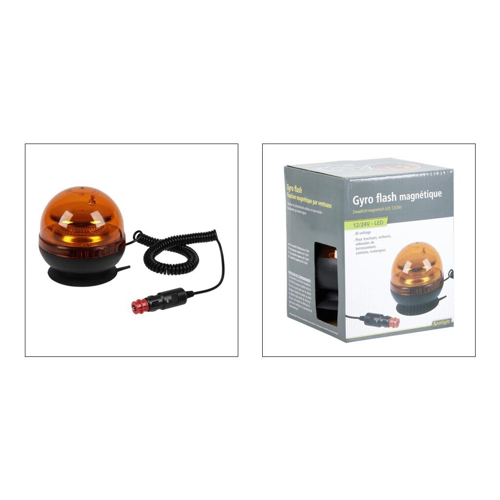 OROK 648161 Gyrophare LED Orange Magnétique 12V/24V – 45 LED Haute Visibilité – Fixation Ventouse – Allume-Cigare – Étanche Antichoc – Tracteur Camion Remorque Chantier