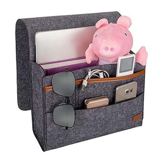 EXECCZO Bedside Caddy for Dorm College Room Bunk Bed, Bed Caddy Storage Organizer Home Sofa Desk Felt Bedside Pocket for Organizing Tablet Pad Magazine Books Phone Chargers Cable(Dark Grey)