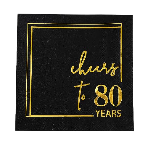Cheers to Years Cocktail Napkins - 50 PK - 3-Ply Birthday Napkins 5x5 Inches Disposable Party Napkins Beverage Paper Napkins or Birthday Decorations Wedding Anniversary Black and Gold (80 Years)