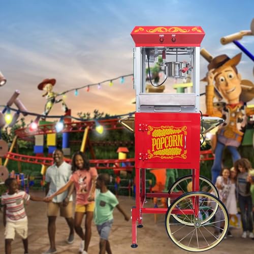 Image of Popcorn Machine with Cart - 8oz Popper with Stainless-steel Kettle, Heated Warming Deck, and Old Maids Drawer,Red