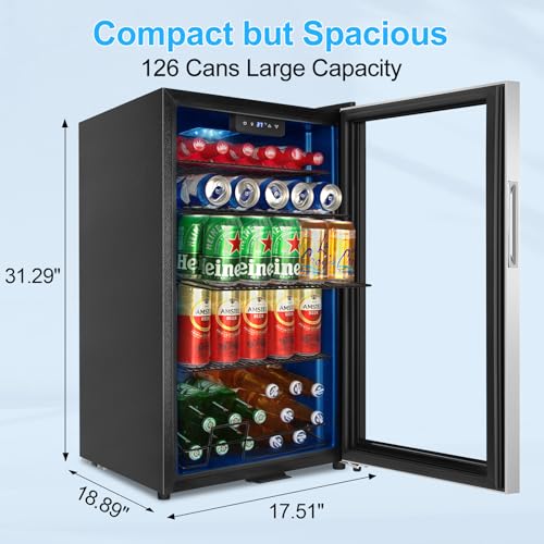 Image of Beverage Refrigerator 126 Can, Mini Beverage Fridge Small Beverage Cooler Stainless Steel with Glass Door Safety Lock, Drink Fridge for Beer Soda Wine, Perfect for Dorm Office Hotel