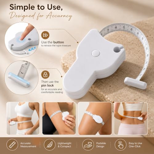 Image of Body Measuring Tape with Lock Pin and Retractable Push Button 150 CM(60 Inch) Measurement| Tape Measure for Body for Fat Measurement and Weight Loss Sewing Tape Tailor (White)