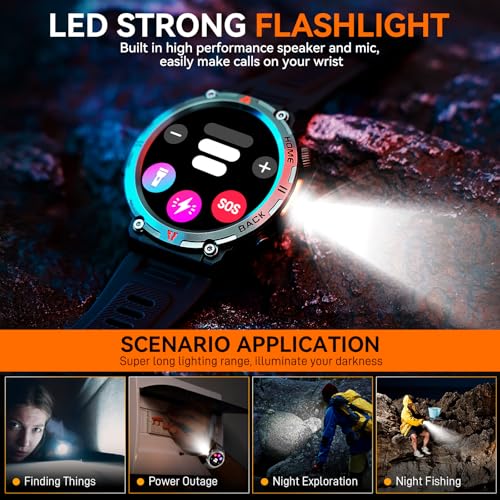 Foxhawk Military Smart Watch for Men, 1.45” Rugged GPS Tactical Smartwatch with LED Flashlight Compass, 3ATM Waterproof Fitness Watch with Bluetooth Calling, Health Monitor for iOS Android — view 5