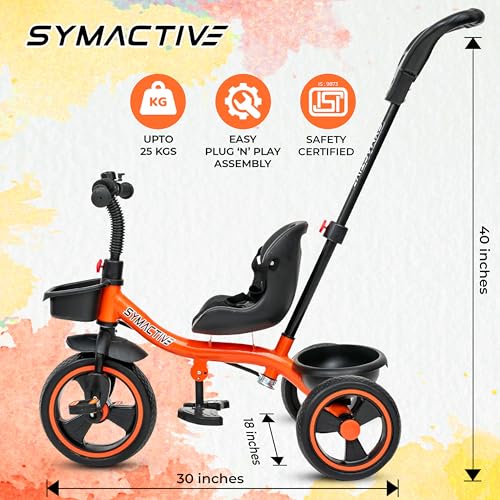 Image of Amazon Brand - Symactive Tricycle for Kids | Plug N Play | Baby Cycle with Parental Control, EVA Wheels, Bell, Seat, Belt & Basket | 2+ Years Unisex | Maximum User Weight Limit 25 Kgs | Orange