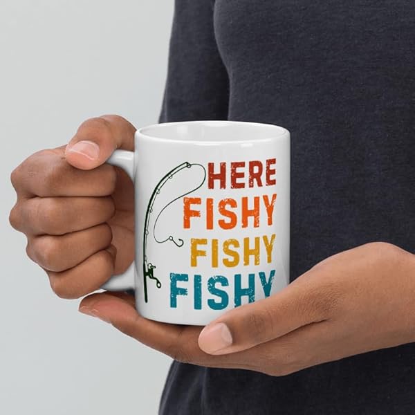 Funny Saying Here Fishy Fishy Fishy Coffee Mug Ceramic 11 oz Sarcastic Gift Fisherman Gift for Grandpa Dad Mug Women Gift Men Fishing Joke Quote Mug Grandfather Gag Pun by Teegarb Letter Blanket - Image 4