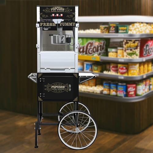 Image of 20 Oz Popcorn Machine with Cart: This popcorn machine on wheels combines an antique-style design with modern features. The cart includes bicycle-style wheels and a cabinet -Black