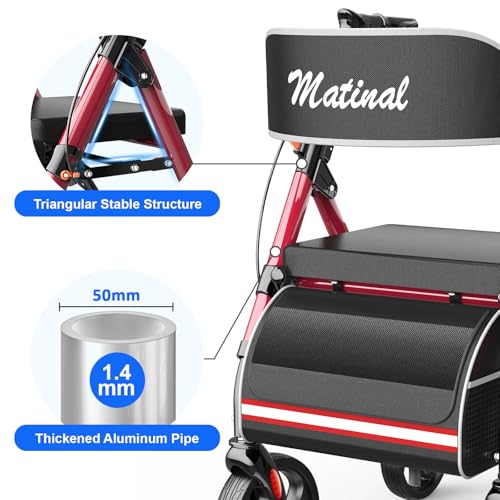 Image of Walkers for Seniors with seat, Rollator Walker with Seat, Burgundy | Walkers for Seniors Foldable, 300 lb Capacity, with 8'' Big Wheels, Rolling Walker