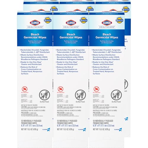 Clorox Healthcare Bleach Germicidal Individual Wipes, 6.75" x 9", 50 Count, Pack of 6 (Package May Vary) - image 1