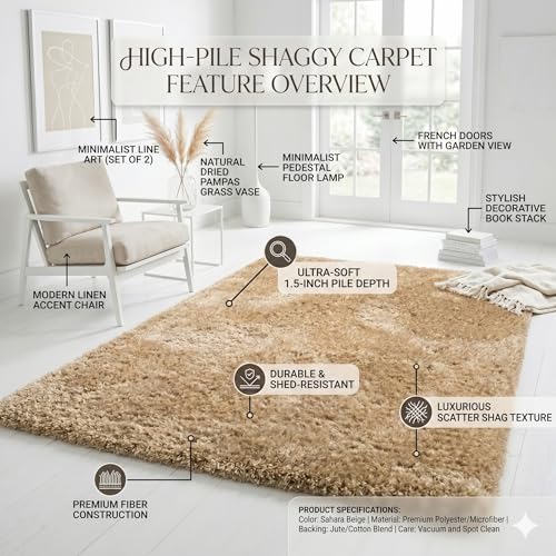 Image of Luxury Shaggy Area Rug, Ultra Soft 1.5 Inch High-Pile Plush Carpet for Bedroom, Fluffy Non-Slip Room Decor, Large Shag Rug for Nursery & Living Room(3x5 Feet, Beige91)
