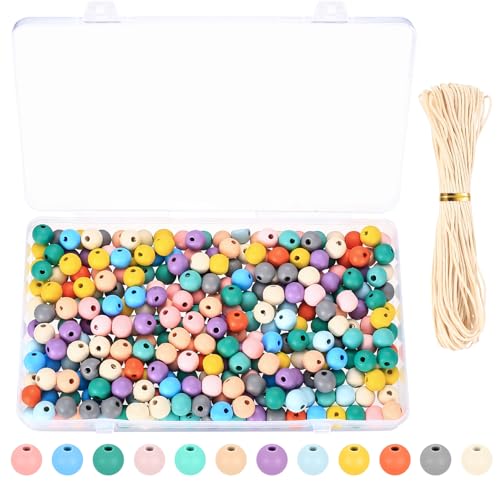 300 St&uuml;ck 10mm Holz Perlen Holzperlen Bunte Holzperlen zum Auff&auml;deln, Bunt Runde Holzkugeln mit Loch, Bastelperlen Pastel, f&uuml;r DIY Schmuckherstellung Armb&auml;nder Herstellung, mit 10m gewachstes Band