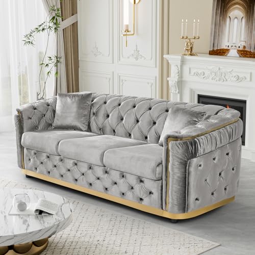 Nolohoo Velvet Chesterfield Sofa Grey and Gold Sofa 84.6" Luxury Couches for Living Room, Mid Century Modern Couch 3 Seater Tufted Sofas with Gold Legs and 2 Pillows, Grey