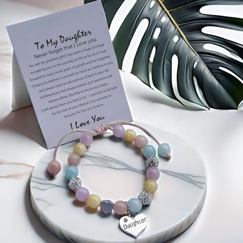 Image of DOLON Handmade Crystal Beaded Heart Charm Bracelet for Daughter Adjustable Birthday Christmas Jewelry Gift from Mom Dad