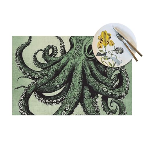 Lot de 4 sets de table PVC lavables vert imprimé pieuvre pour dîner fête