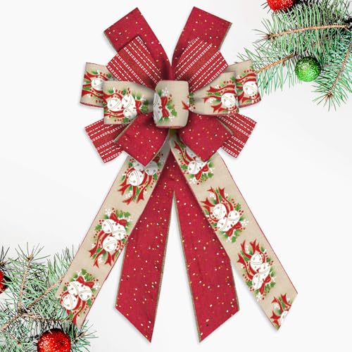Blinket Large Christmas Bows for Wreath, 11.42 inch × 20.86 inch Red and Beige Bow with Christmas Bells Holly Design, Wired Craft Bow for Holiday Tree Topper, Front Door,Indoor Decor