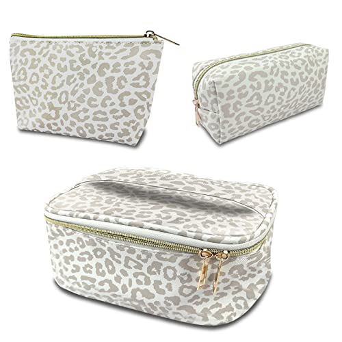 3Pcs Makeup Bag,Travel Makeup Bag,Makeup Bags for Women,Makeup Brush Bag,Large Capacity PU Cosmetic Bag,Waterproof and Durable-Grey White Leopard Cheetah Pattern