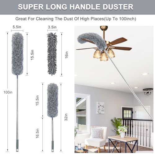 Image of 3 Pcs Extendable Microfiber Feather Duster, Electrostatic Bendable Head, Up to 100 Inch Feather Dusters for Cleaning Ceiling Fan, Cobweb, Wall, Furniture
