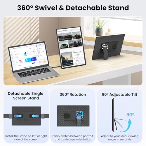 Image of 16.1 inch Portable Monitor for Laptop - 1200P FHD, Ultra-Thin Laptop Screen Extender Horizontal Vertical with 360 Rotating Detachable Stand, Plug & Play, Dual Travel Monitor for Laptop Wins Mac Chrome