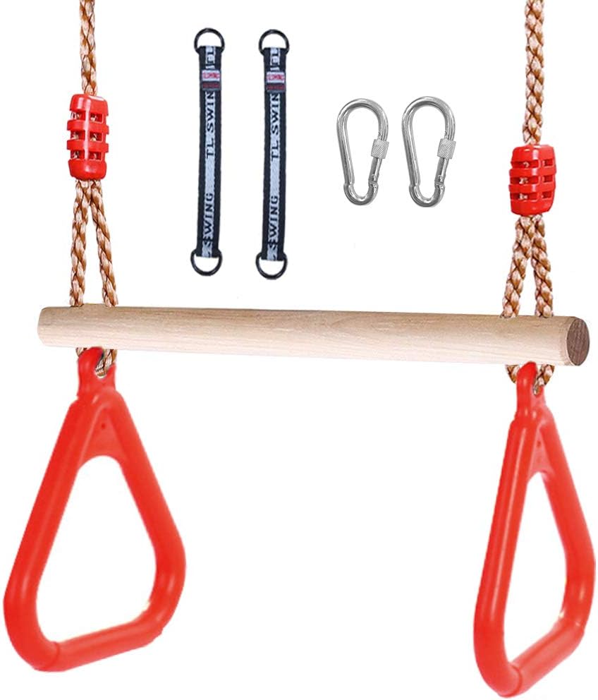 Trapeze Swing bar with Rings Trapeze bar for playset with Locking Carabiners&Swing Hanging Straps for Indoor Jungle Gym Play Set and Outdoor Playground for Swingset ,Ninja line Backyard(Red)