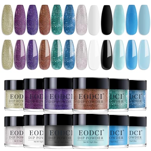 Eodci 12 Pcs Nail Dip Powder Set 12Colors Glitter Blue Gold Silver Snow Dipping Powder Kit Black White Nail Art Manicure Salon DIY for Daily at Home Party Gifts for Women
