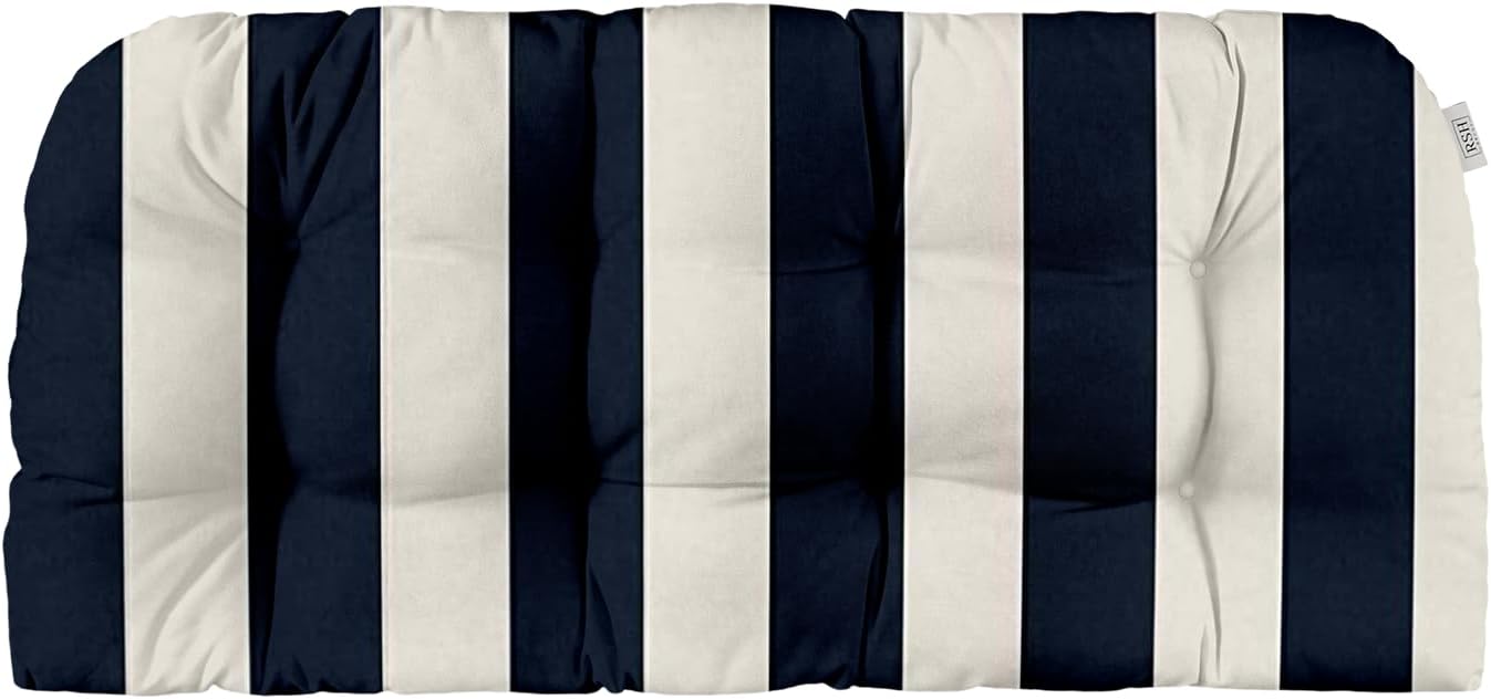 RSH DECOR: Tufted Wicker Loveseat Cushion | 44” x 22" | Water and Fade-Resistant Spun Fabric | Outdoor Settee Cushion for Patio Furniture | Navy Blue & White Stripe
