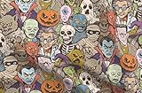 Spoonflower Fabric - Retro Monster Skeleton Witch Zombie Ghost Vampire Werewolf Mummy Printed on Petal Cotton Fabric Fat Quarter - Sewing Quilting Apparel Crafts Decor