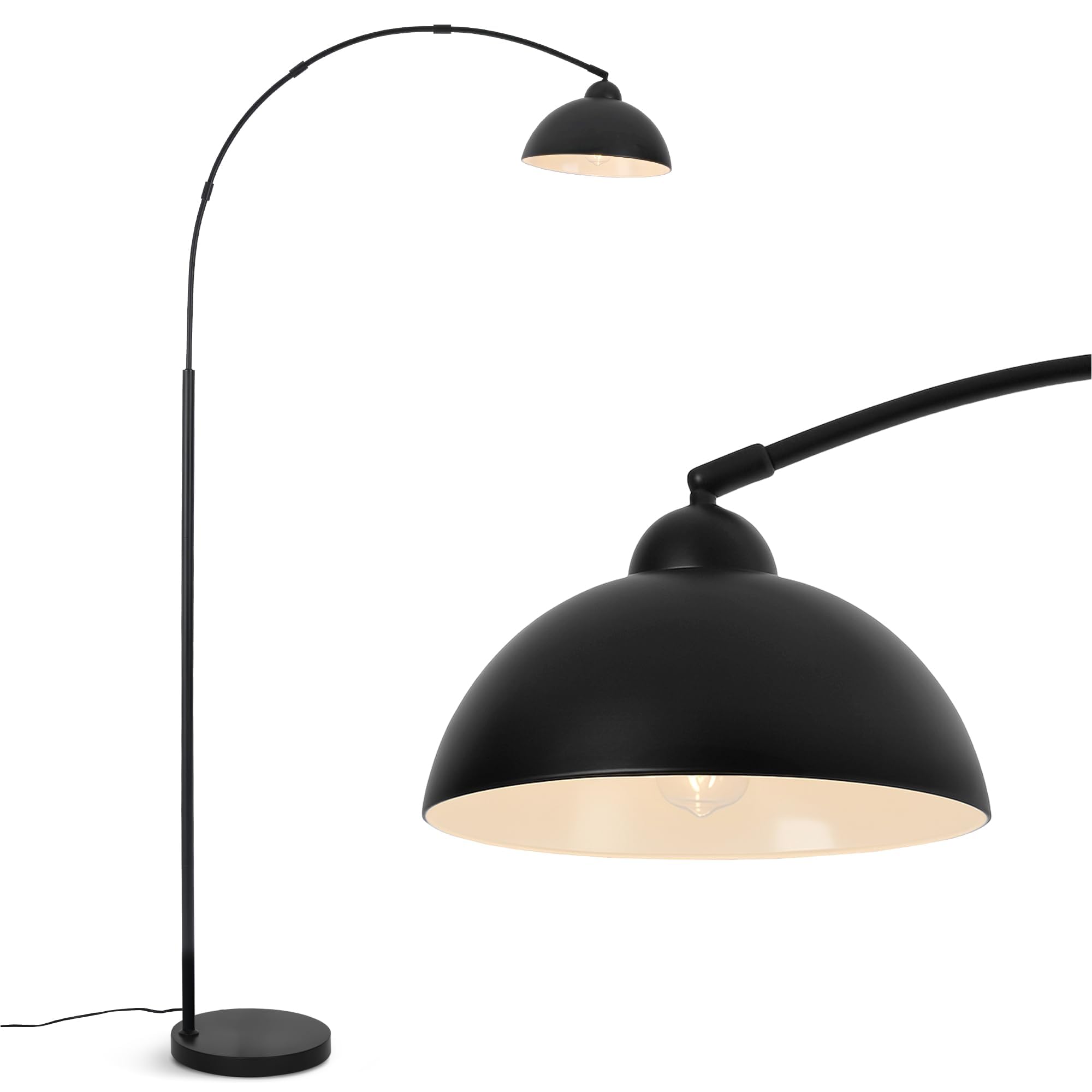 204 cm Bogenlampe Schwarz, Moderne Stehlampe fürs Wohnzimmer, OVEL FL02 | Über-Sofa Design | Schwenkbarer Aluminium-Schirm | 30 cm 5 kg Metallfuß | E27 bis 60W | Fußschalter | Ohne Leuchtmittel