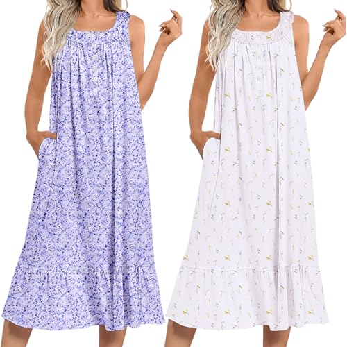 Image of Ekouaer 2 Pack Nightgowns for Women Sleeveless Long Night Gowns Victorian Nightdress with Pockets Soft Ladies Gown