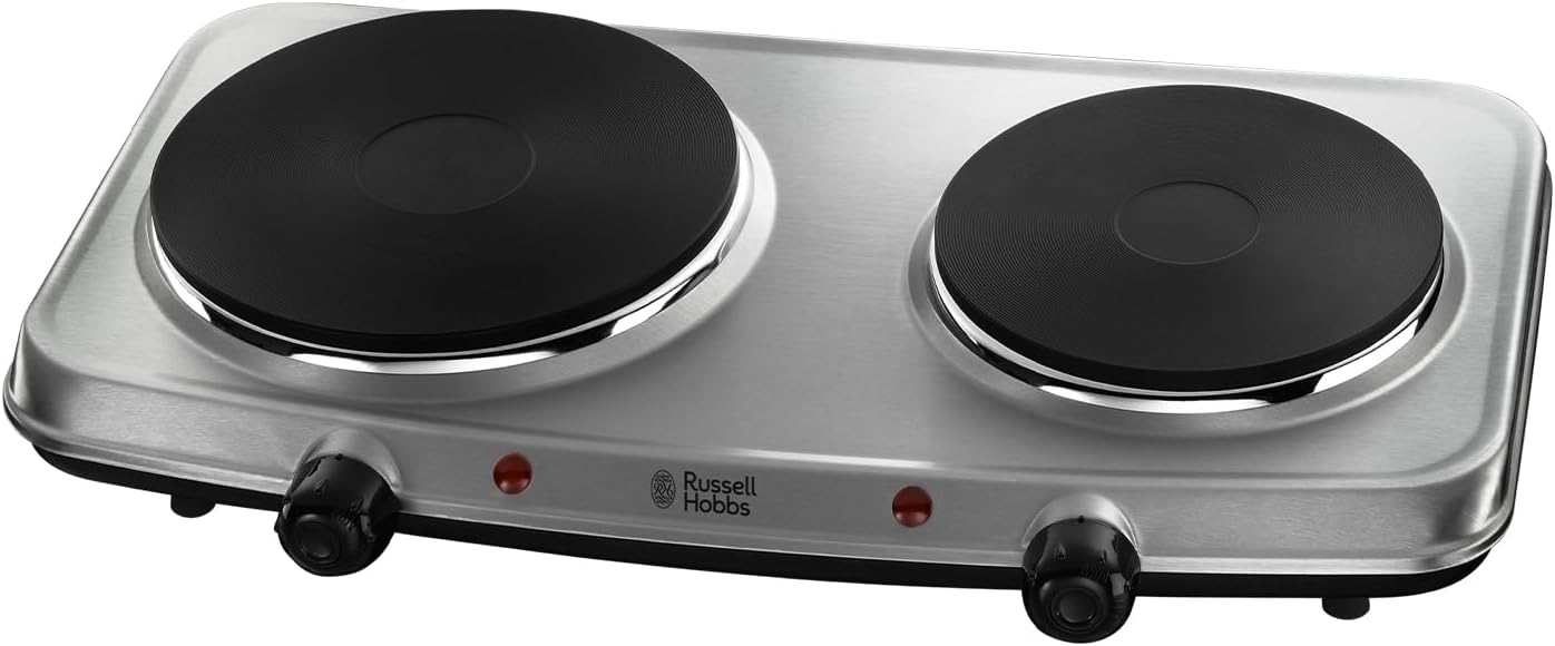 Russell Hobbs Double Hot Plate Electric Stainless Steel Hob, 2 Cast iron plates, Large 1500W