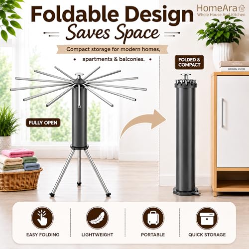 Image of Tripod Clothes Drying Rack Foldable & Rust Resistant Laundry Stand with 16 Stainless Steel Rods | Space Saving Indoor & Outdoor Dryer Stand for Clothes, Towels & Garments (Grey)