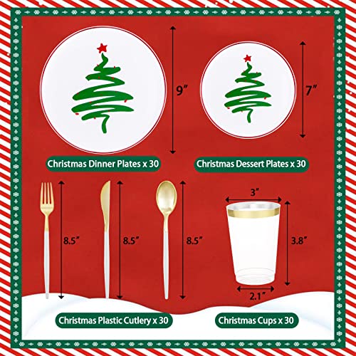 Supernal Christmas Plastic Plates, Gold Plastic Cutlery – 180pcs Elegant Disposable Dinnerware with White-Gold Knives/Forks/Spoons, GoldRim Clear Tumblers, Premium Christmas Tableware for 30 Guests – Image 3