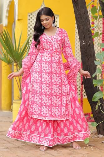 Image of PARTHVI Women's Printed Calf Length Straight Kurta & Skirt With Dupatta Set
