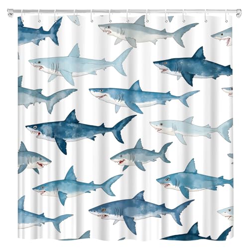 HYEEHY Nautical Shark Shower Curtain Cute Cartoon Ocean Dolphin Marine Life Underwater Creature Tropical Blue Sea Animal Watercolor Shower Curtains Set Bathroom Polyester Fabric Hooks (70 W x 70 L)