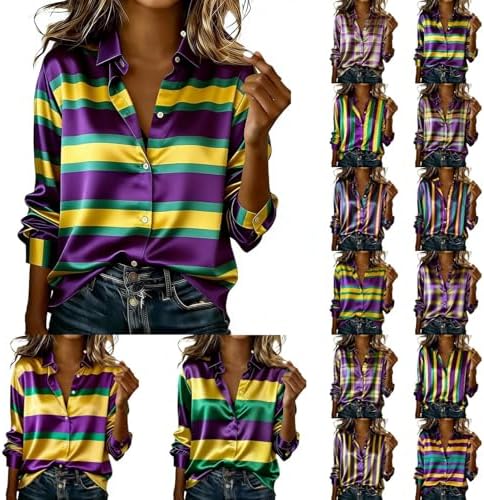 Mardi Gras Shirt for Women 2026 Mardi Gras Outfit for Women Button Turn-Down Collar Striped Print Long Sleeve Blouse