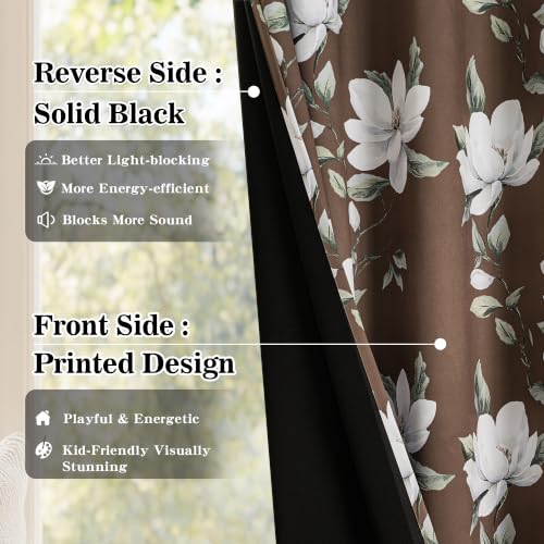Image of MYSKY HOME Floral 95% Blackout Curtains 90 Inch Long 2 Panels Set for Kitchen White Flower Printed Thermal Insulated Light Blocking Black Out Grommet Window Treatments, 52 inch W Each Panel, Brown