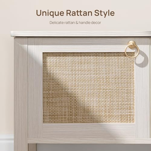 Image of SICOTAS Rattan Storage Bench Boho Storage Chest with 2 Safety Hinges | Wood Storage Truck Box for Bedroom, Living Room, Entryway, Supports 220 lb, White Oak