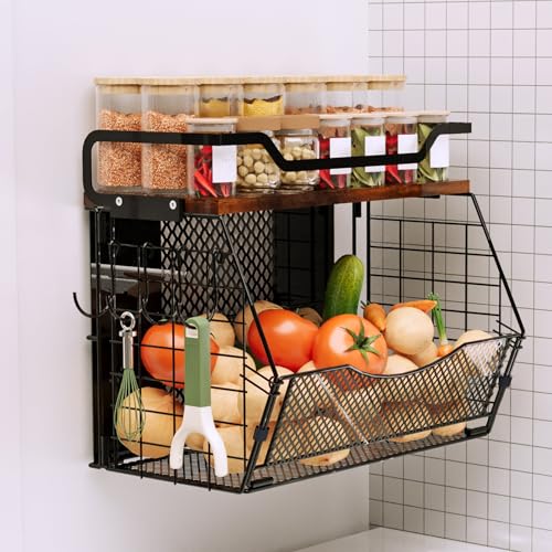 HISKIWUU Magnetic Shelf for Fridge with Wood Lid, Magnetic Spice Rack for Refrigerator Large Capacity Sturdy with 4 Hooks,Magnetic Basket for Kitchen Pantry Laundry (1 Set with Buckles)