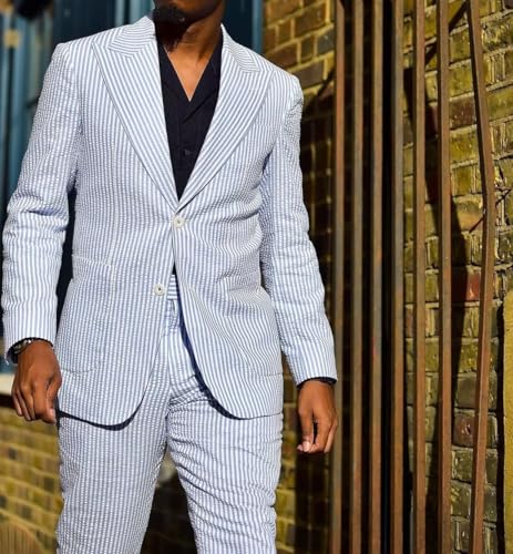 Wangyue Mens Seersucker Suit 2 Piece Seersucker Suits for Men Slim Fit Casul Summer Beach Wedding Striped Jacket Pants3