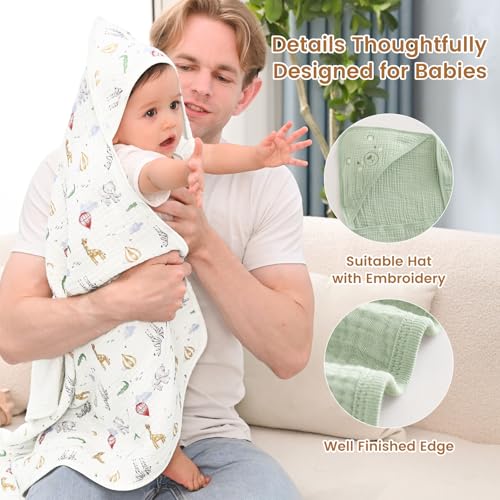 Image of david's kids 2 Pack Hooded Baby Towels, Large 32 inchx32 inch, 6 Layer 100% Muslin Cotton Highly Absorbent Boy Girl Bath Towel for Newborn, Infant, Toddler, Ultra Soft and Breathable Baby Essentials, Animals